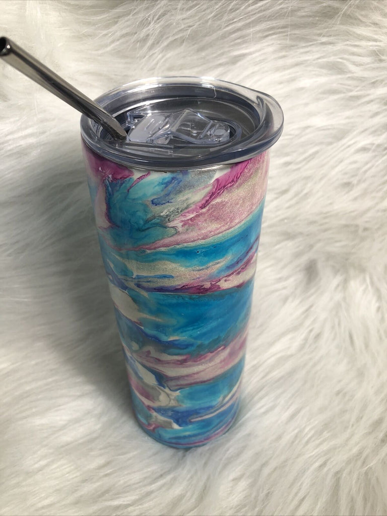 20 Ounce Tumbler Lid Straw Pink Blue Sliver Sparkling Stainless Steal