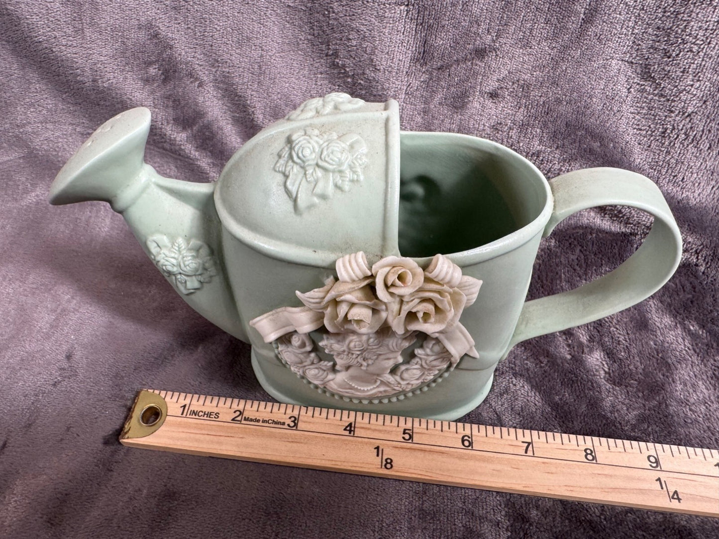 Vintage Ceramic Watering Can With Floral Embellishments & Cherub Design