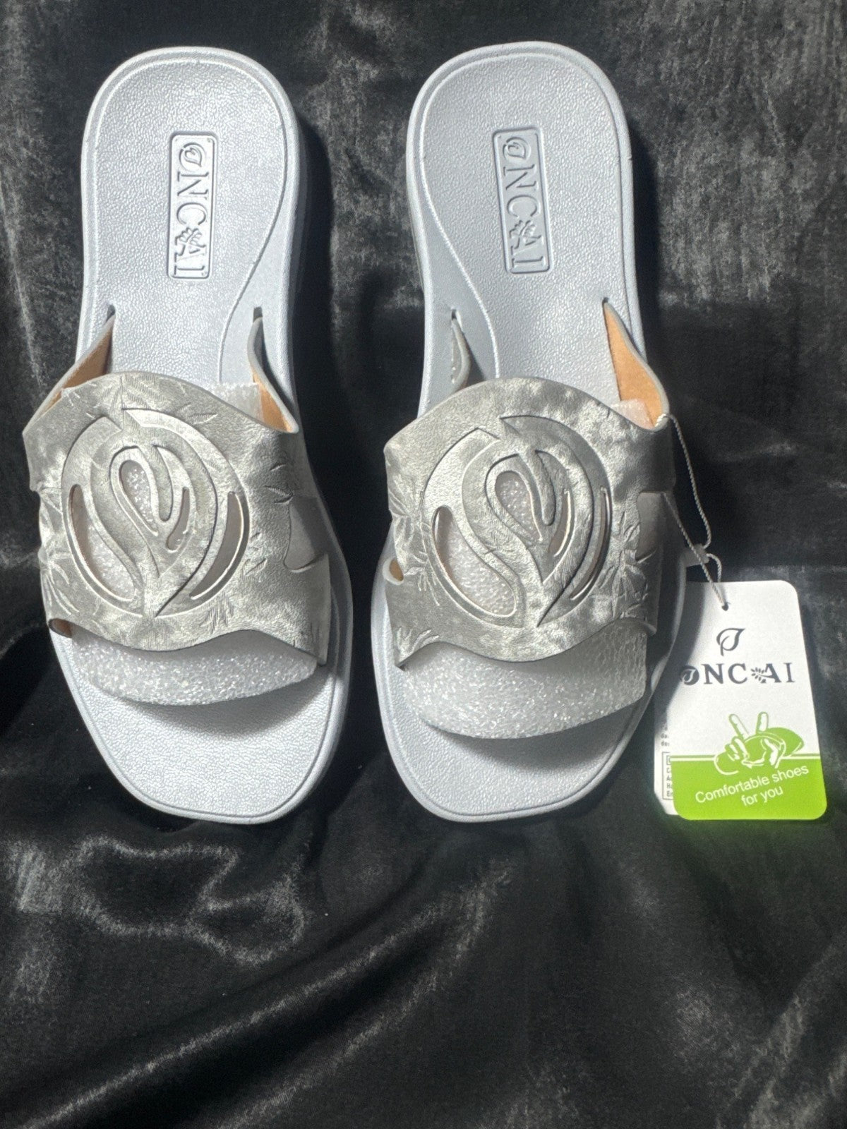 Womens Silver Slip-On Sandals By Oncai With Stylish Cut-Out Design & Embossed