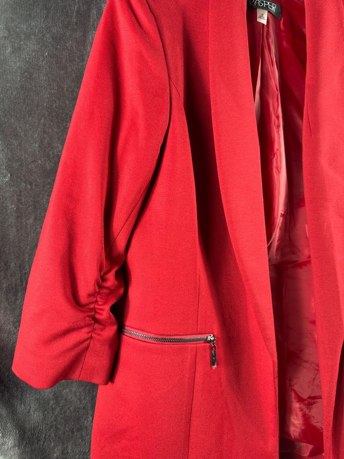 Kasper Womens Red Open-Front Blazer Jacket With Ruched Sleeves & Zipper Pockets