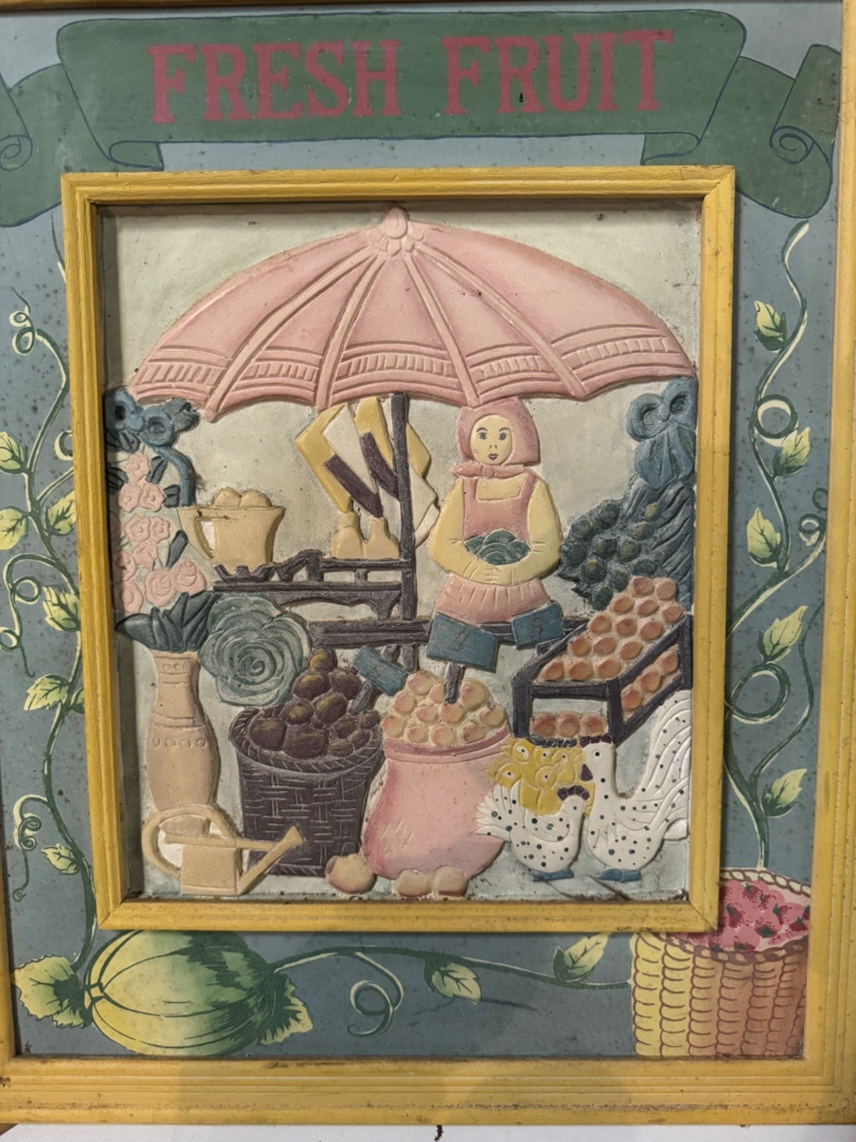 Vintage Fresh Fruit 3D Wall Art With Yellow Frame Farmer Market Scene Hand-Paint
