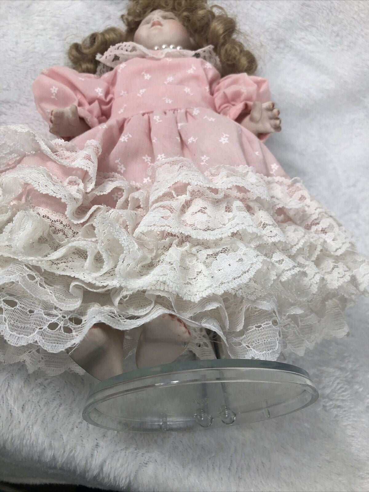 Vintage Porcelain Doll With Curly Hair & Pink Lace Dress