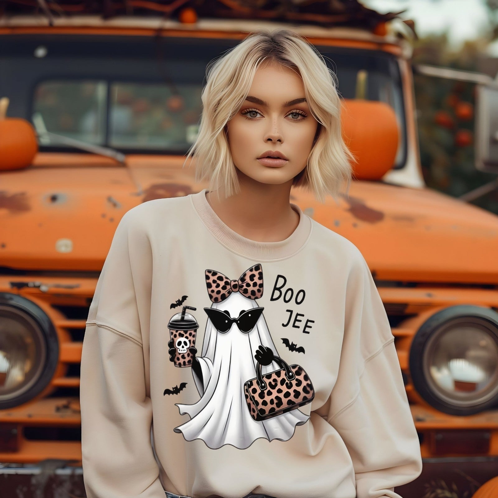 Womans Boojee Ghost Halloween Sweatshirt with Leopard Coquette Bow Cute Fall