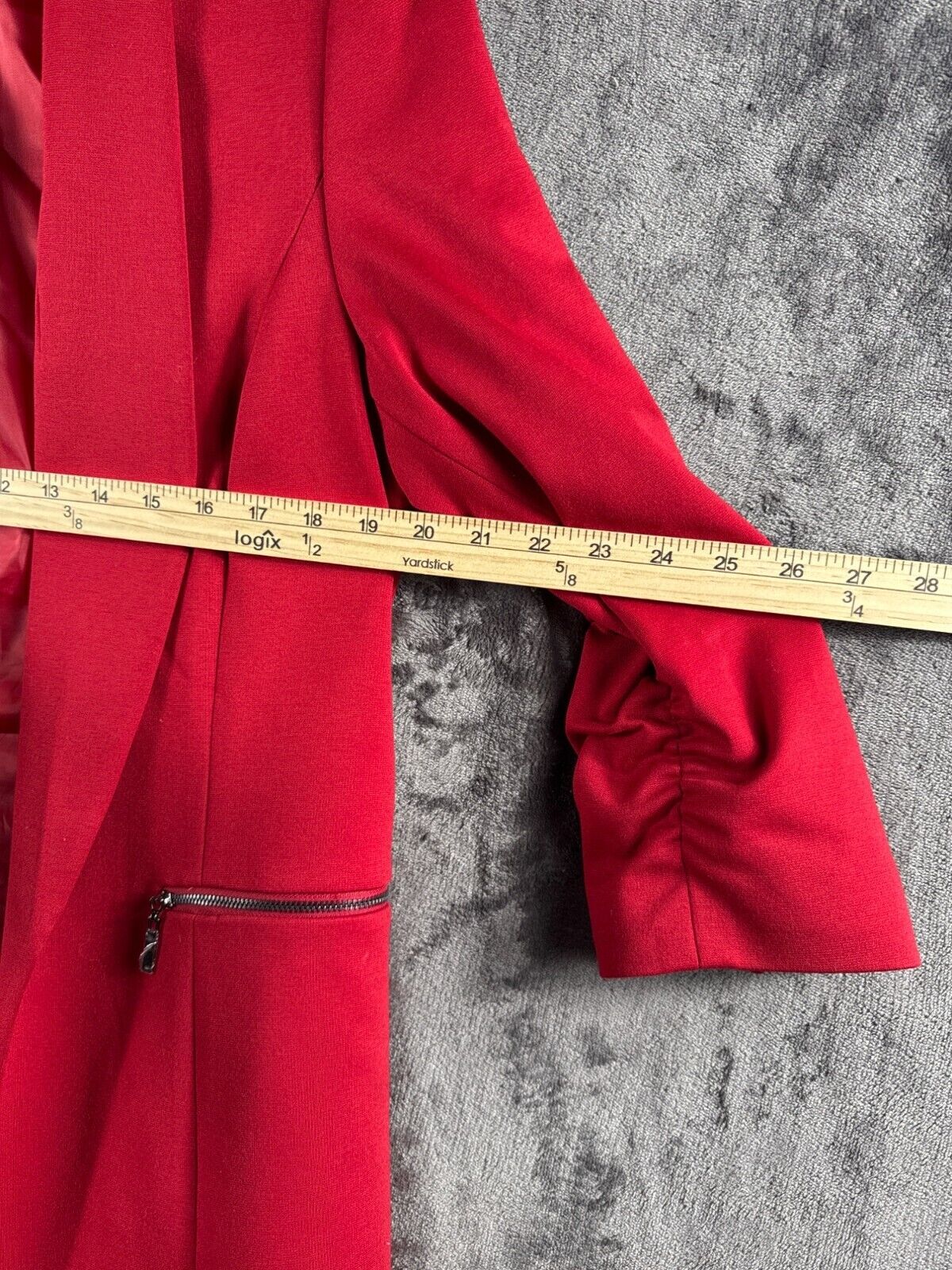 Kasper Womens Red Open-Front Blazer Jacket With Ruched Sleeves & Zipper Pockets