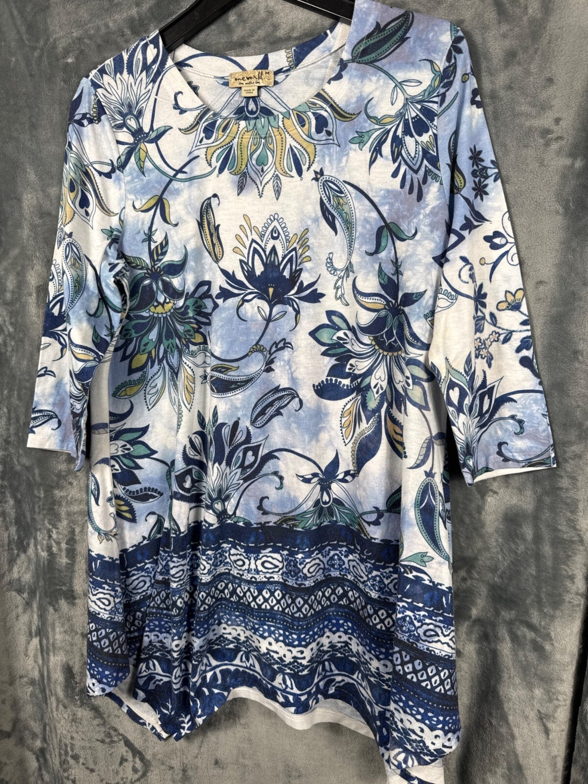 OneWorld Blouse Womens Floral Tunic Top M Blue/White 3/4 Sleeve Boho Print Shirt