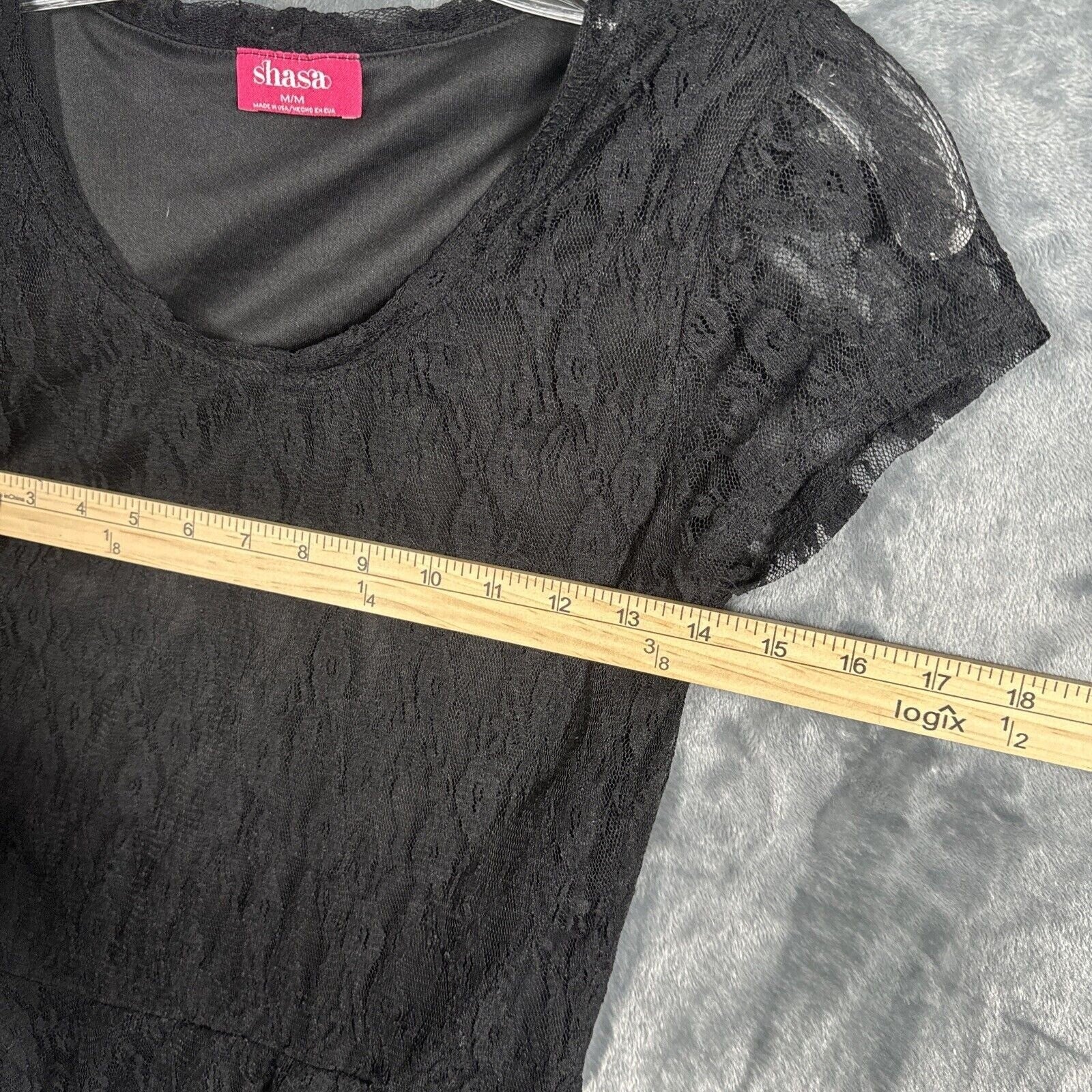 Shasa Woman's Blouse Black Lace Short Sleeve Peplum Top M/M Made In USA