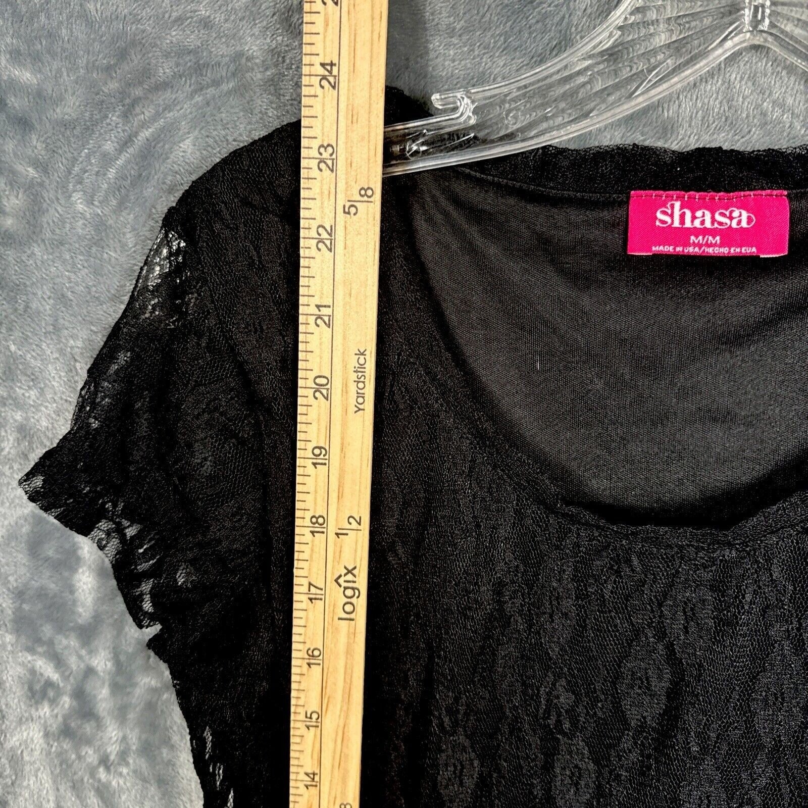 Shasa Woman's Blouse Black Lace Short Sleeve Peplum Top M/M Made In USA