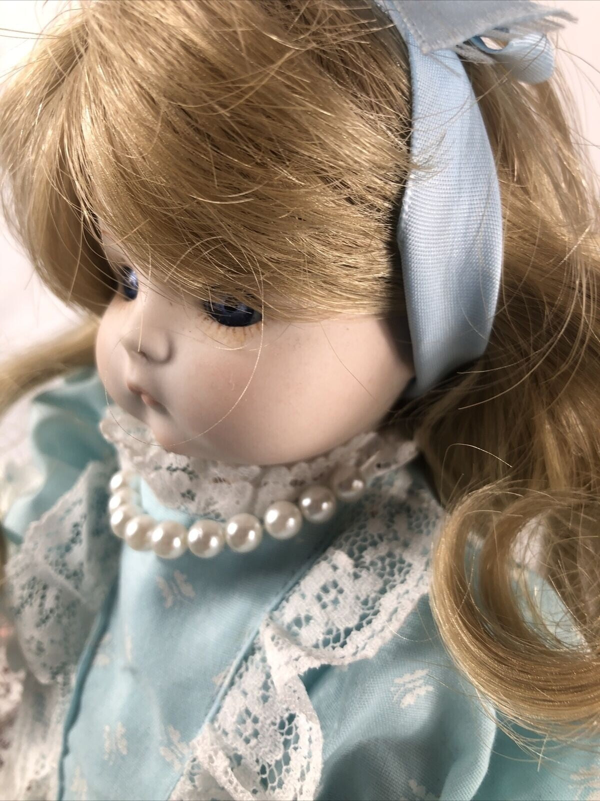 Vintage Porcelain Doll With Blue Dress & Pearls