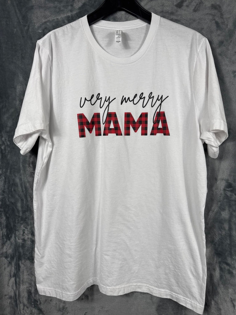 Very Merry Mama Graphic T-Shirt XL Bella+Canvas 100% Cotton White & Red Plaid