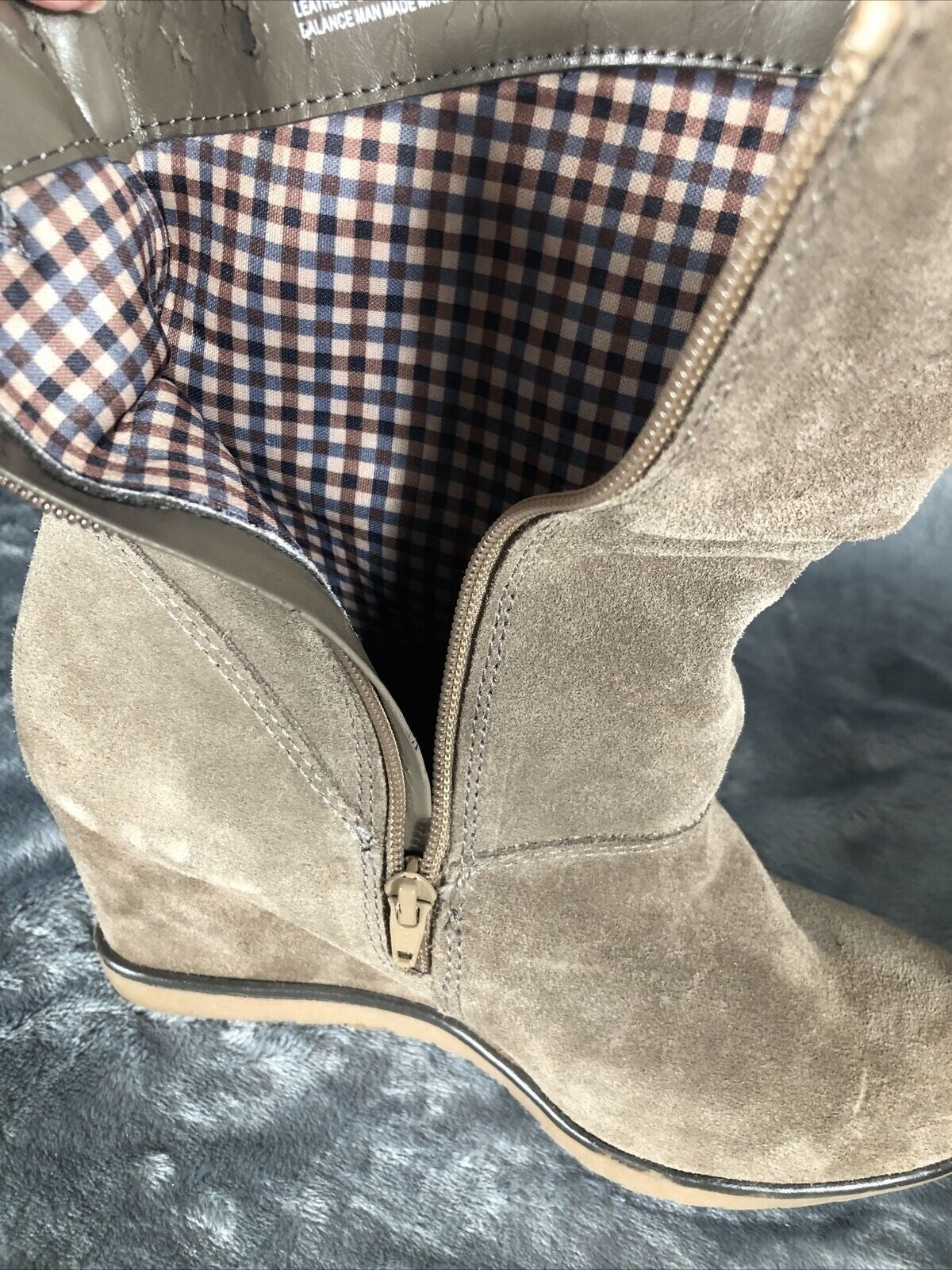 Suede Boots Woman's Wedge Heel Slouch Brown Boots With Zipper Closure & Stitch