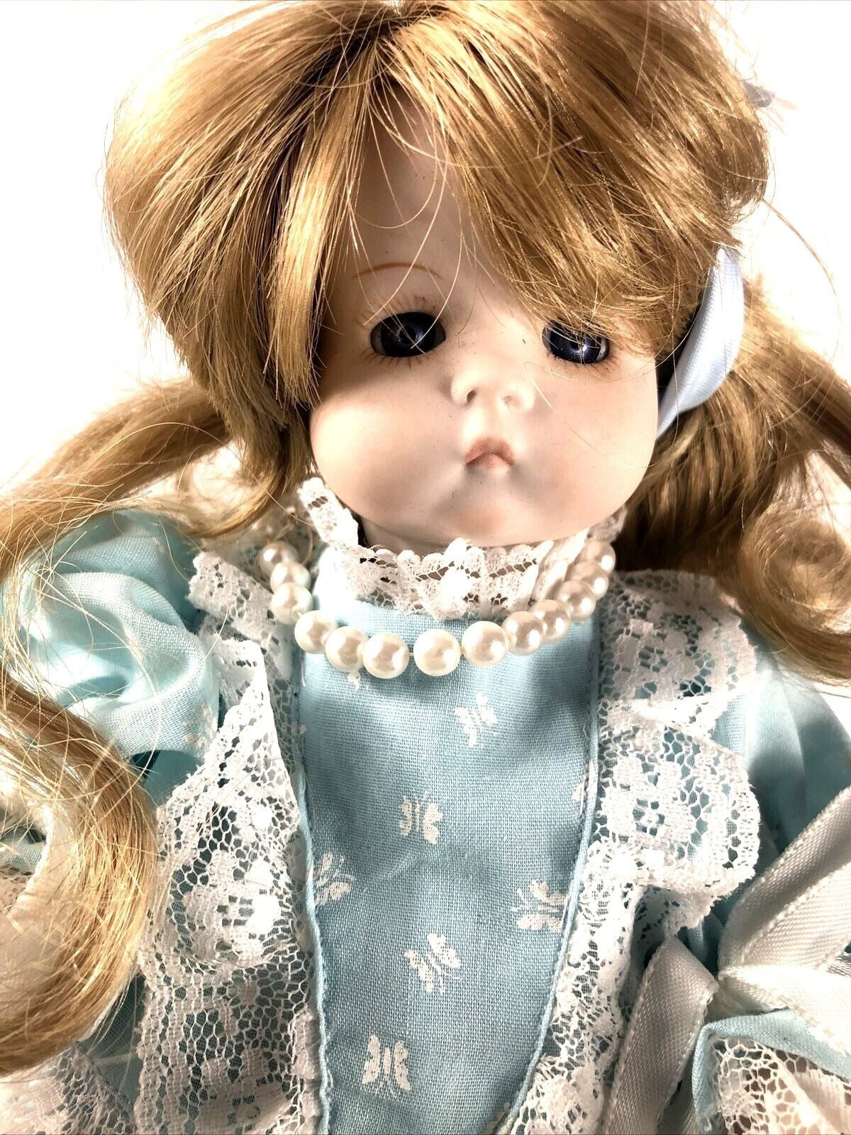 Vintage Porcelain Doll With Blue Dress & Pearls
