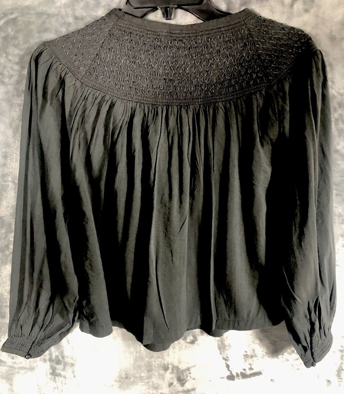 Old Navy Womens Black Boho Blouse XS Smocked Yoke Long Sleeve