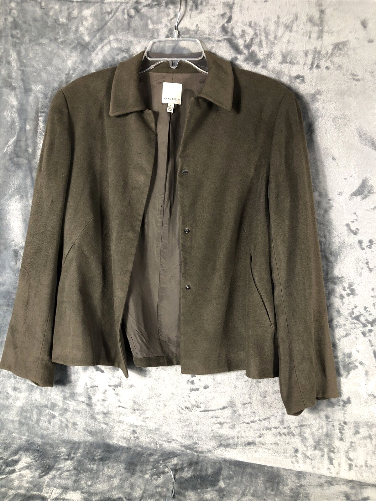 Anne Klein Women’s Jacket Neiman Marcus Suede Olive Green Moto Large Snap Front