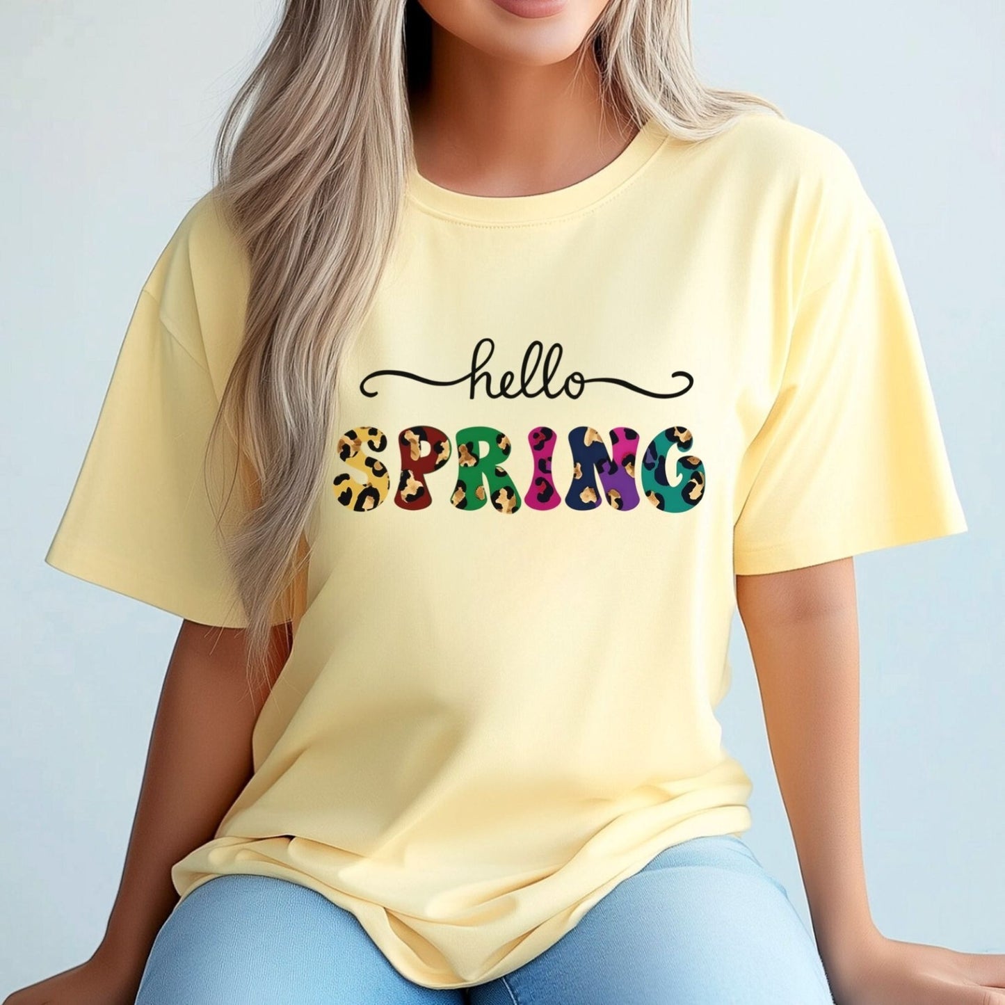 Womans T Shirt Summer Shirt Hello Spring T-Shirt Pastel Colors Top