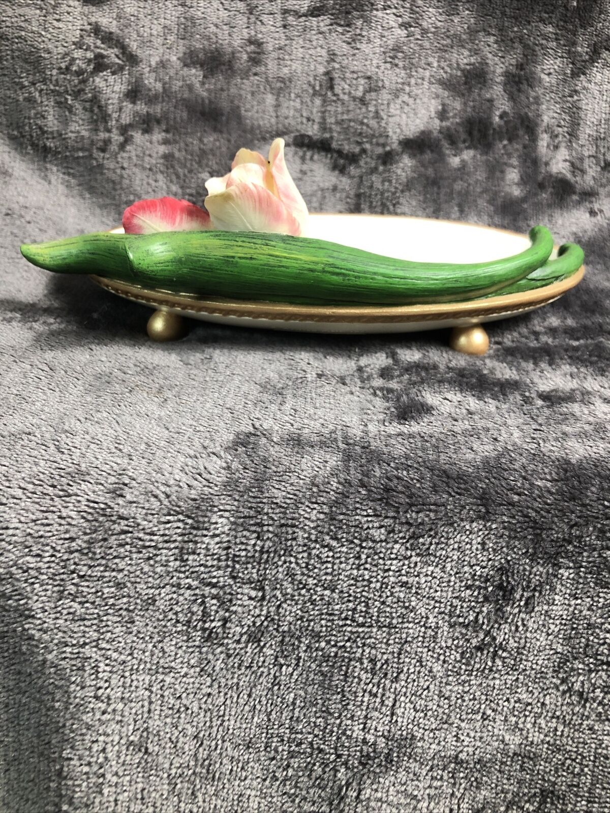 Artisan Flair Buds n Bows Pink Flowers Dish Gold Trim An Feet
