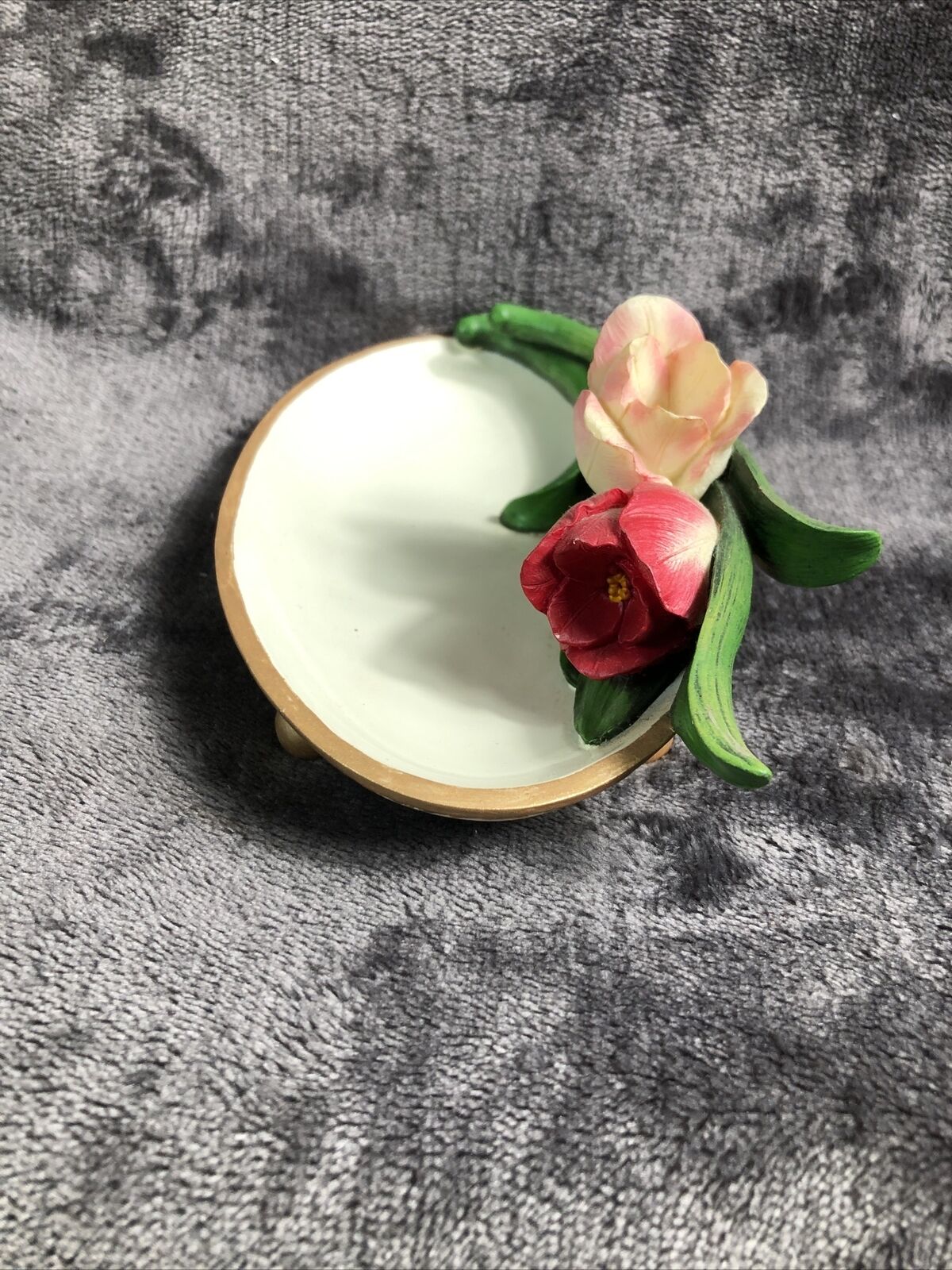 Artisan Flair Buds n Bows Pink Flowers Dish Gold Trim An Feet