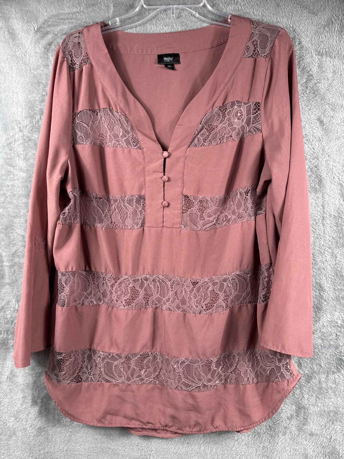 Massimo Womens Shirt Mauve Floral Lace inserts 3/4 Sleeve V Neck Blouse Top Size