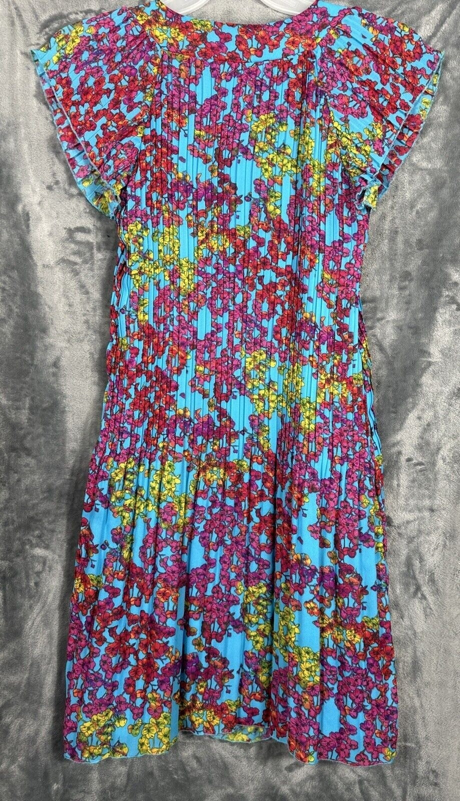 New Directions Dress Womens A Line Turquoise Blue Floral Pleated Short Sleeve