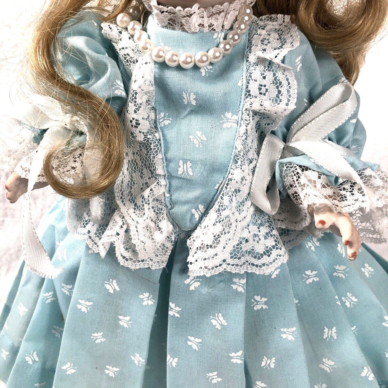 Vintage Porcelain Doll With Blue Dress & Pearls