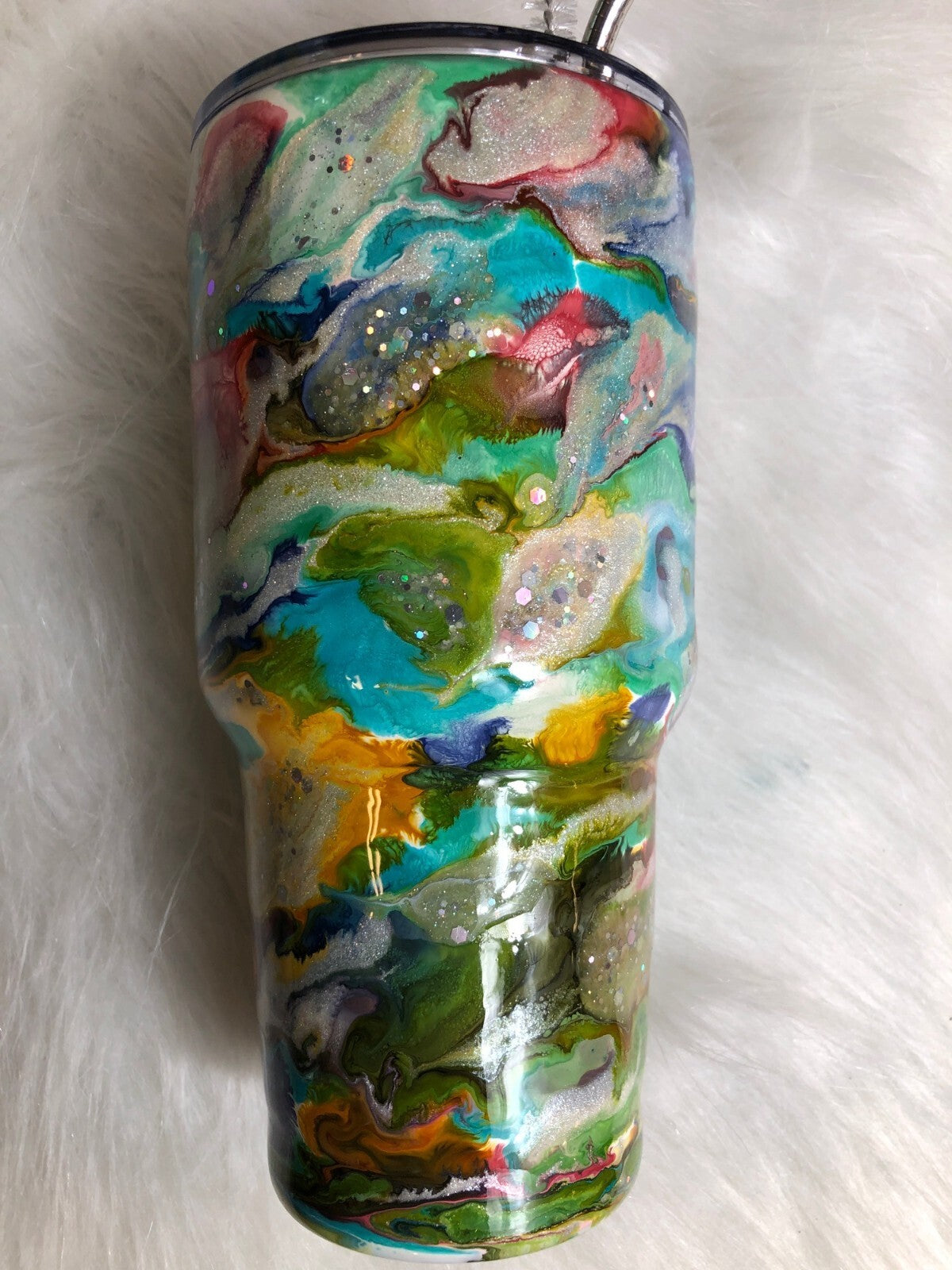 Alcohol Ink Tumbler With Lid & Straw Colorful Swirl Glitter
