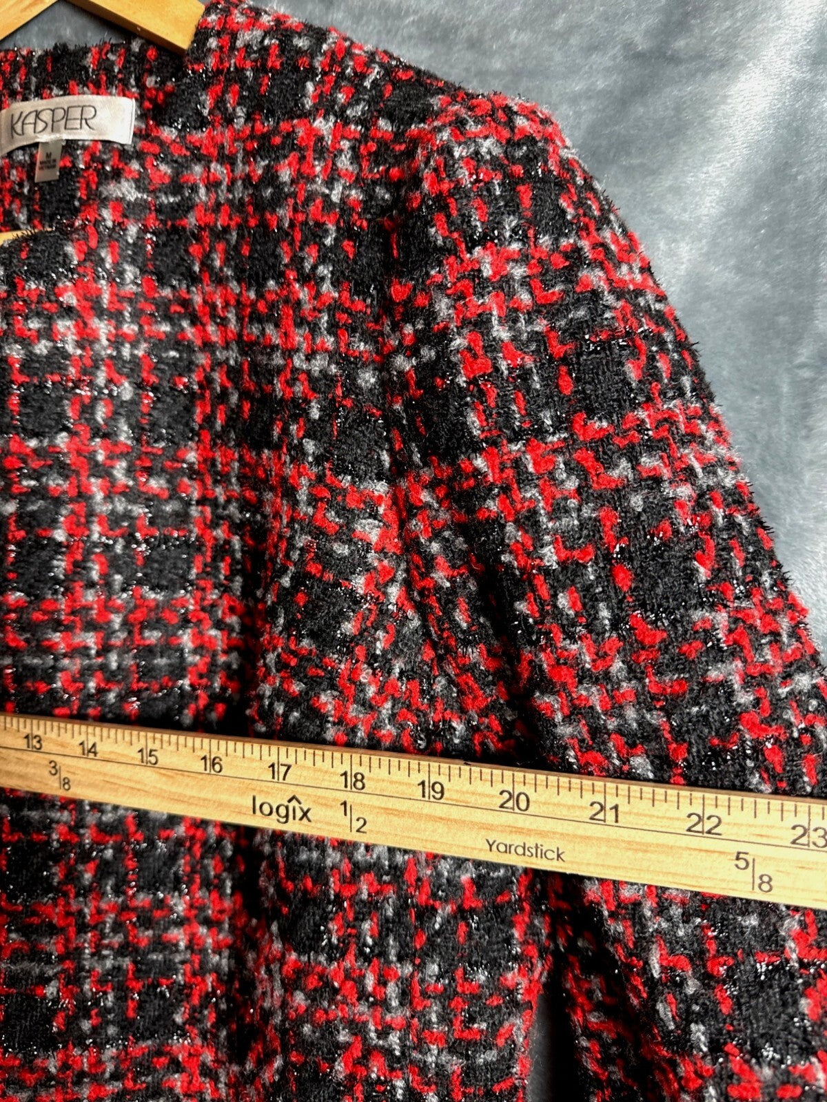 Kasper Womens Medium Tweed Plaid Open Front Blazer Jacket Made In Vietnam