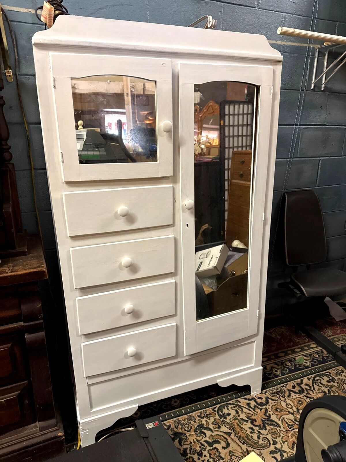 Antique White Wood Wardrobe Armoire With Mirror Door & Drawers