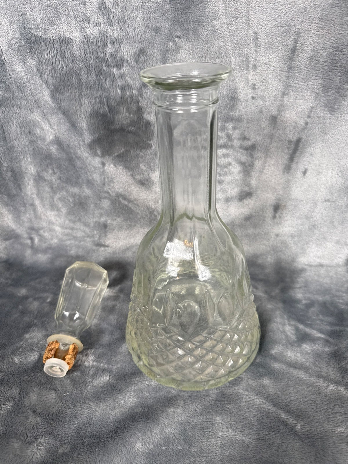Vintage Glass Decanter - Diamond Pattern, Pressed Glass With Faceted Stopper Mor
