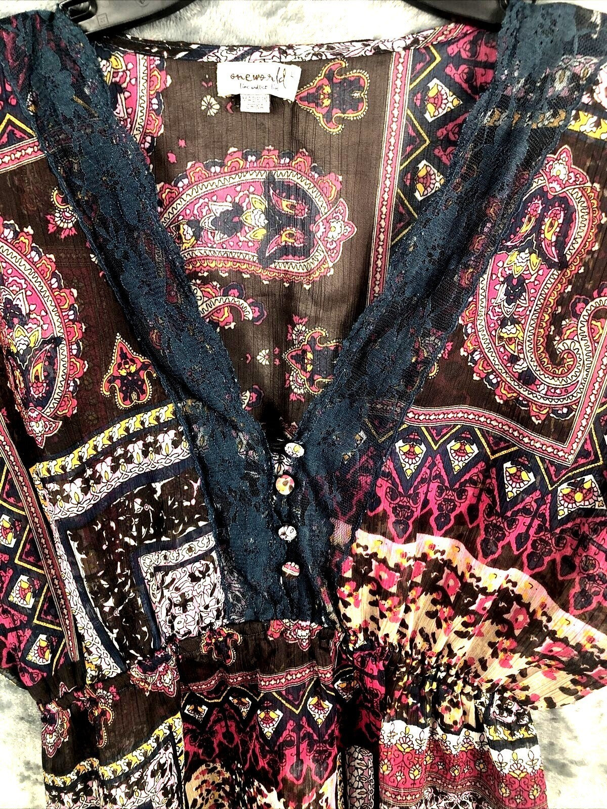 OneWorld Womens Blouse Boho Kimono Top With Lace Trim & Paisley Design