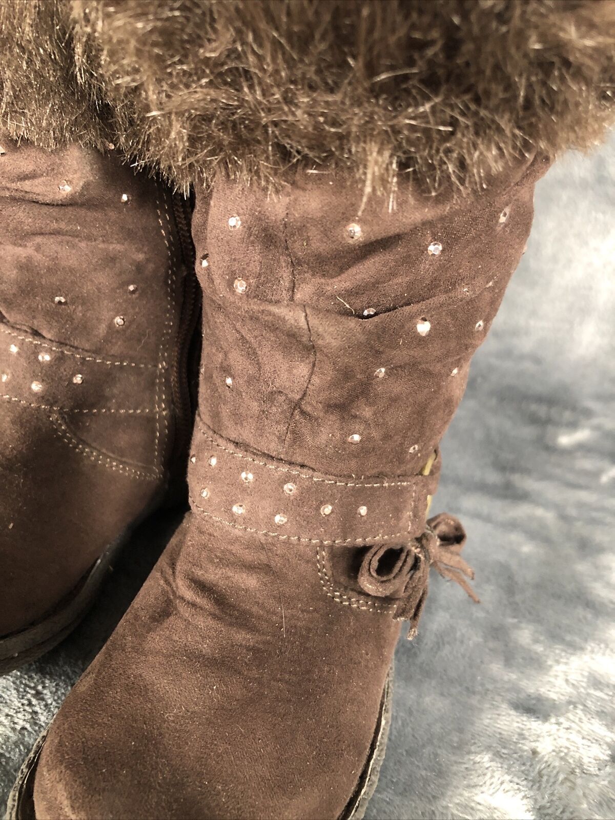 Girls Boots Brown Piper Bling Boots Faux Fur Tops Size 7