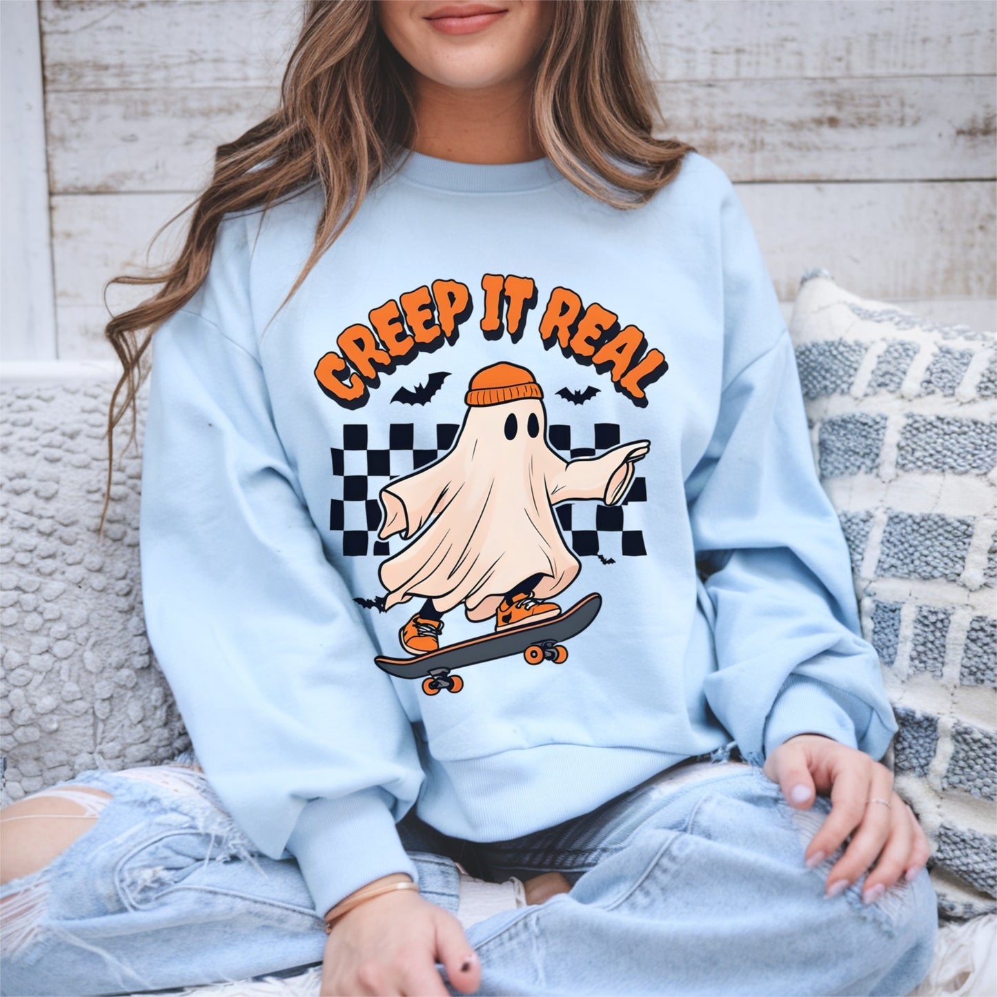 Womans Sweatshirt Creap It Real Funny Halloween Ghost Pullover Shirt