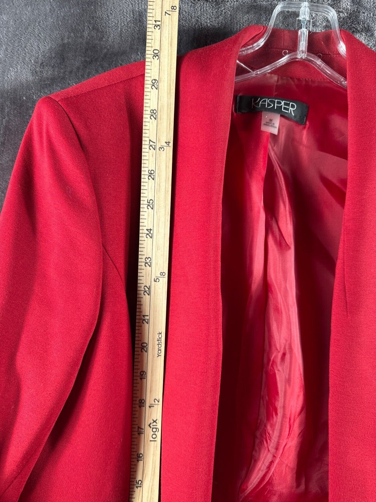 Kasper Womens Red Open-Front Blazer Jacket With Ruched Sleeves & Zipper Pockets