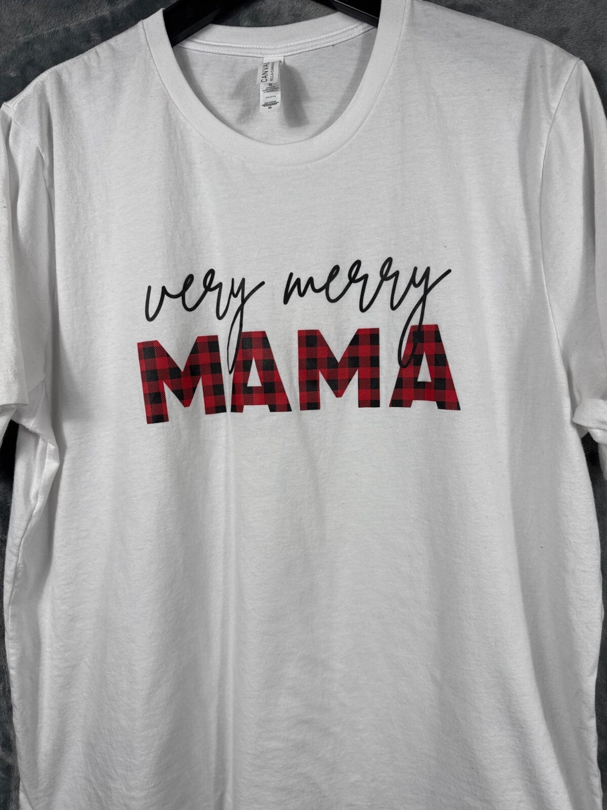 Very Merry Mama Graphic T-Shirt XL Bella+Canvas 100% Cotton White & Red Plaid