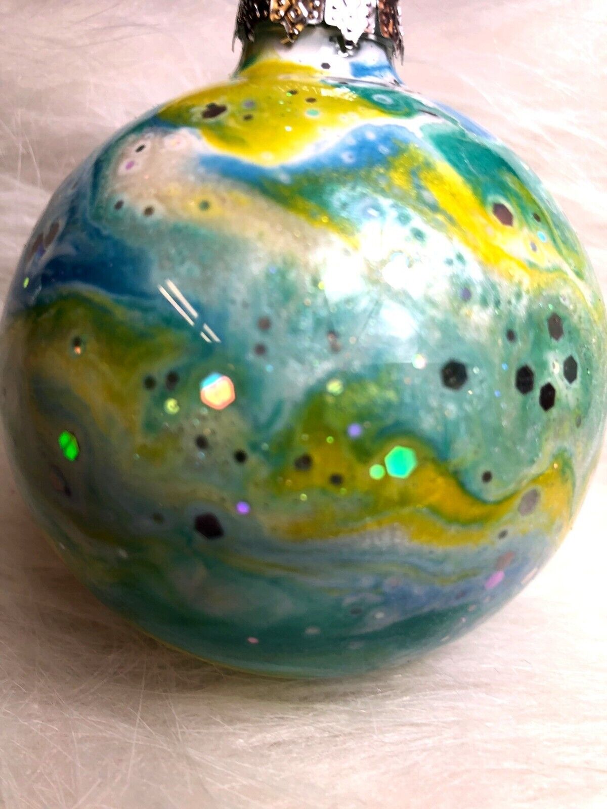 Christmas Ornament Green & Yellow Swirl Globe Hand-Painted Marbled Bauble