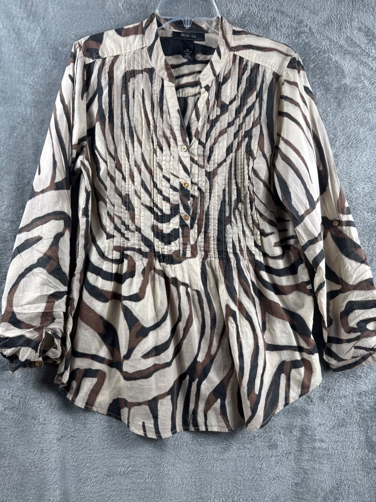 Style & Co Womens Shirt Zebra Print Button-Front Blouse M  Brown/Beige