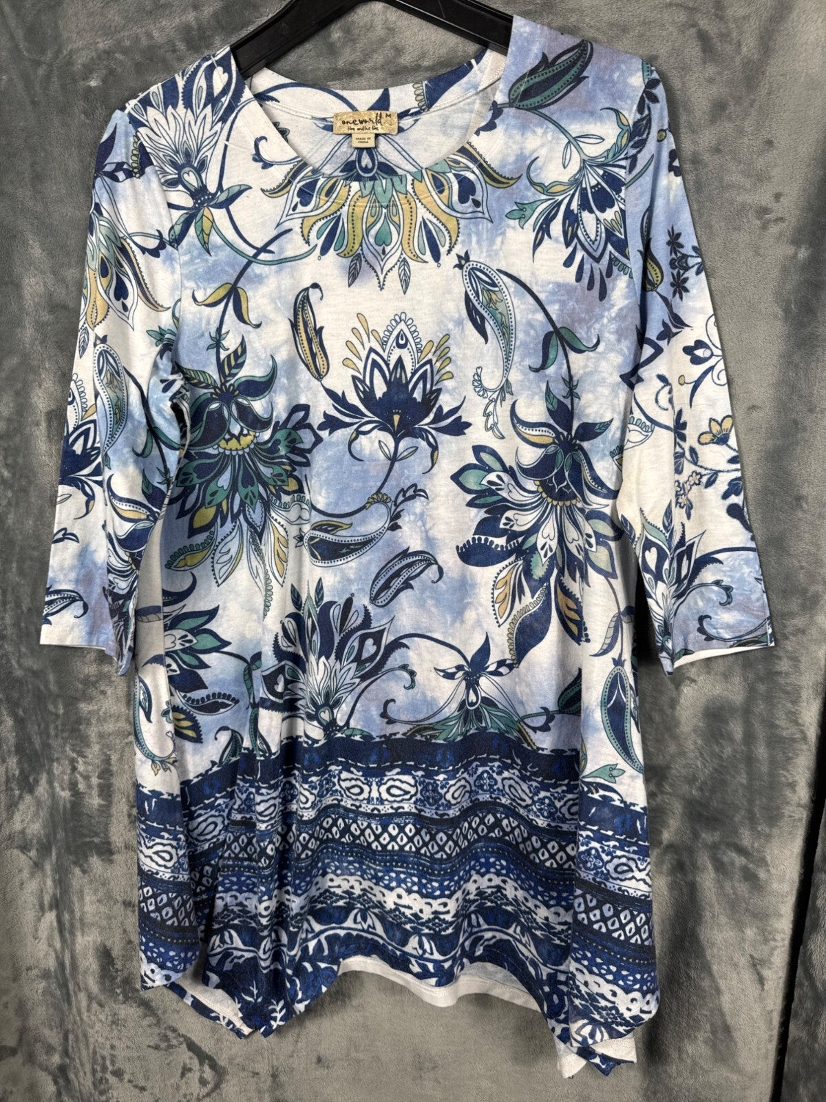 OneWorld Blouse Womens Floral Tunic Top M Blue/White 3/4 Sleeve Boho Print Shirt