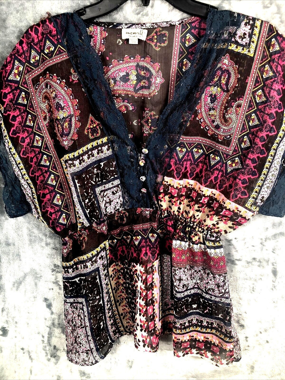 OneWorld Womens Blouse Boho Kimono Top With Lace Trim & Paisley Design