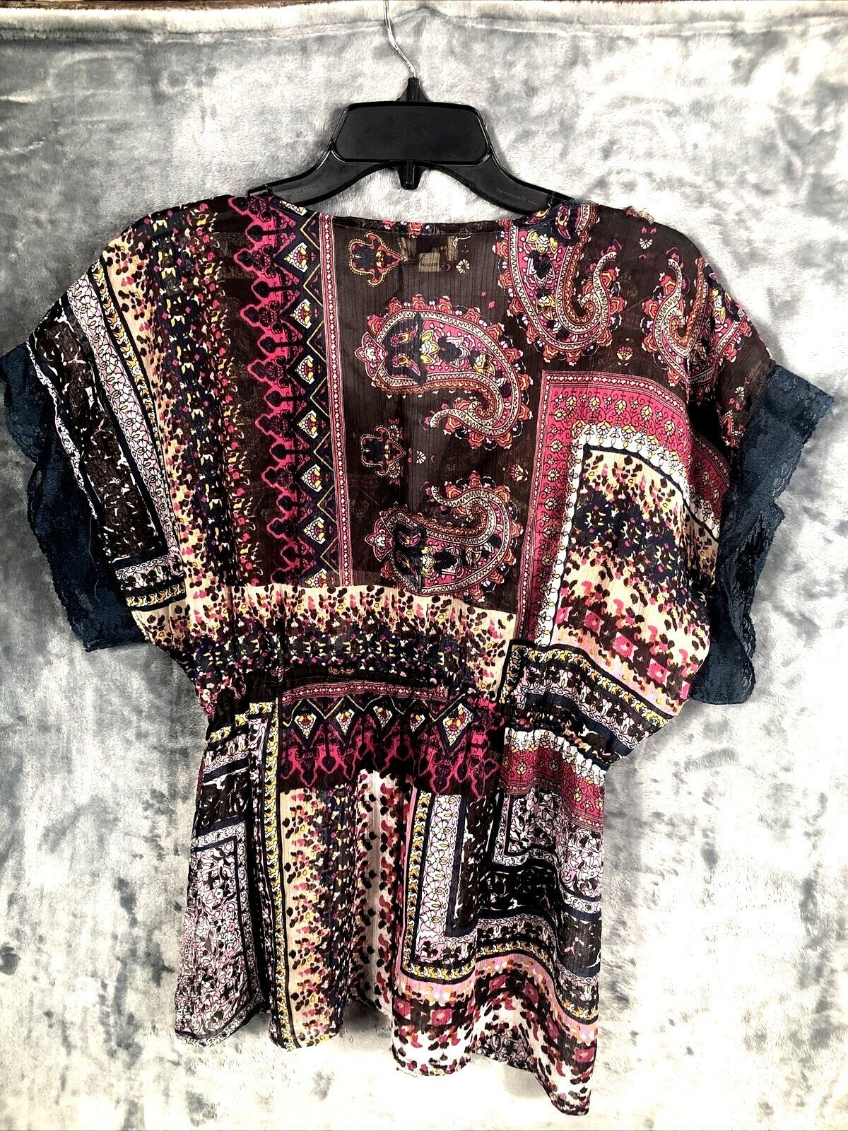 OneWorld Womens Blouse Boho Kimono Top With Lace Trim & Paisley Design