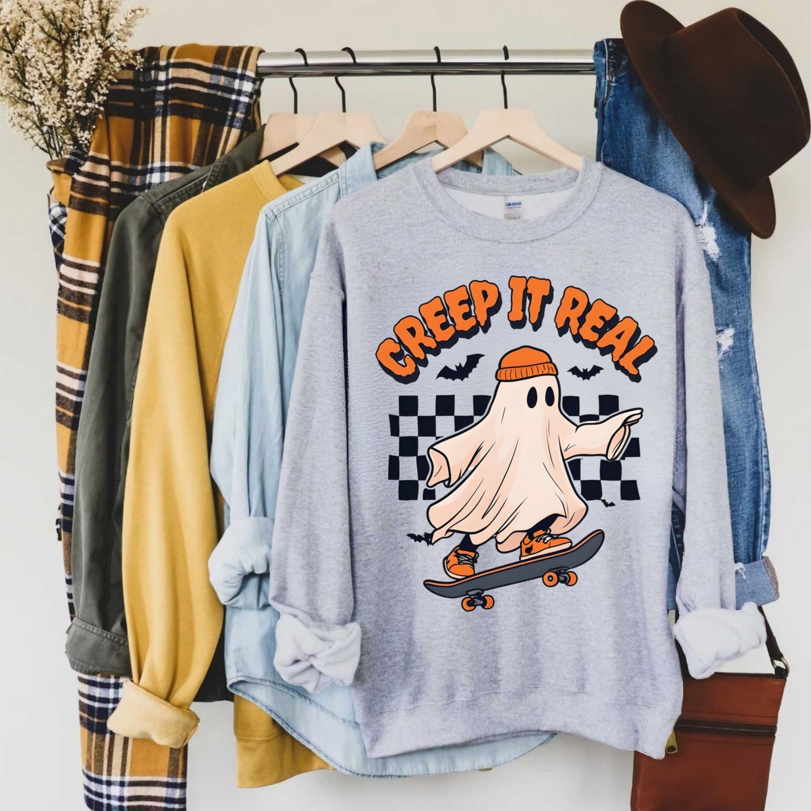 Womans Sweatshirt Creap It Real Funny Halloween Ghost Pullover Shirt