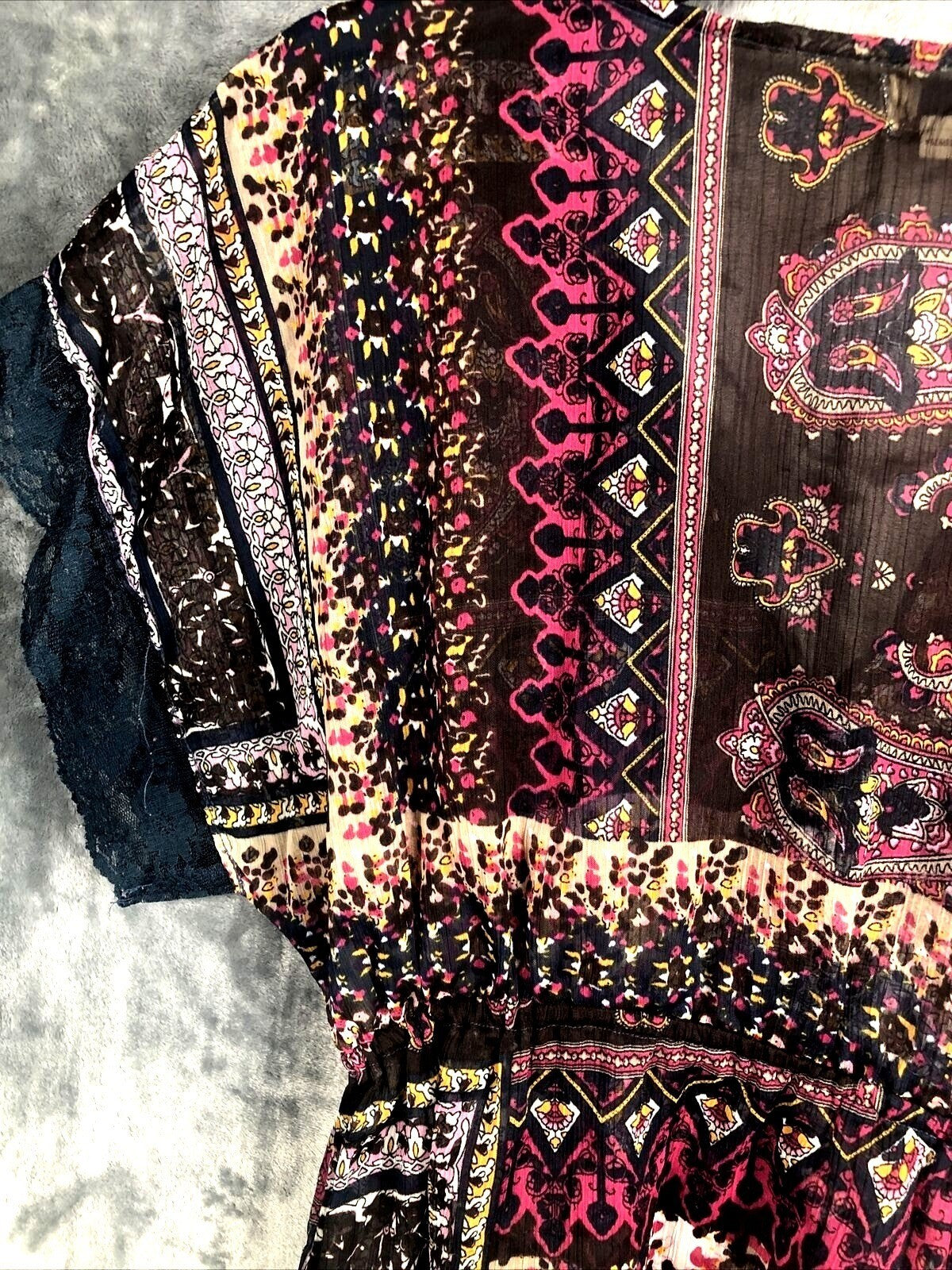 OneWorld Womens Blouse Boho Kimono Top With Lace Trim & Paisley Design