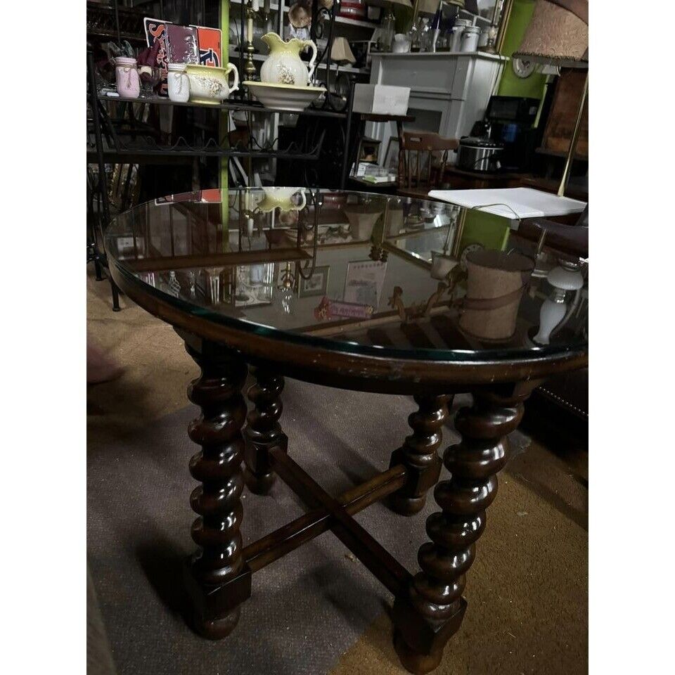 Antique French ROUND Side End Table Barley Twist Carved Renaissance 19th