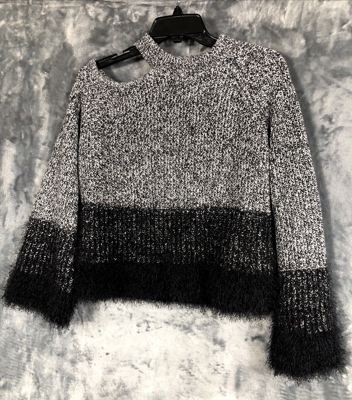 Woman's Black and White Sweater Fuzzy Trim Sleeves and Waist Size Small
