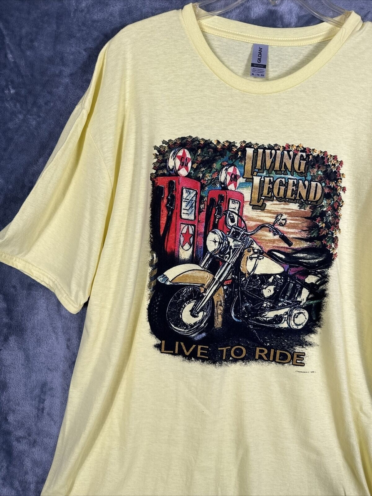 Gildan Unisex Biker T Shirt Living Legend Motorcycle Graphic Shirt XL Yellow Top