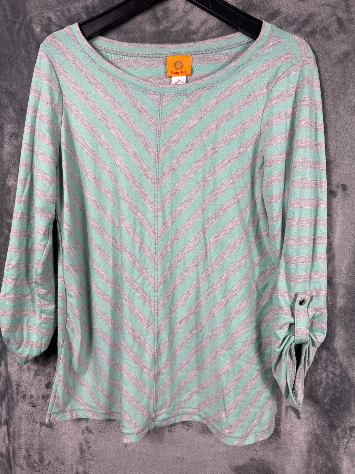 Ruby Rd. Shirt Womens Striped Top With Button Cuffs Mint & Gray Size M Blouse