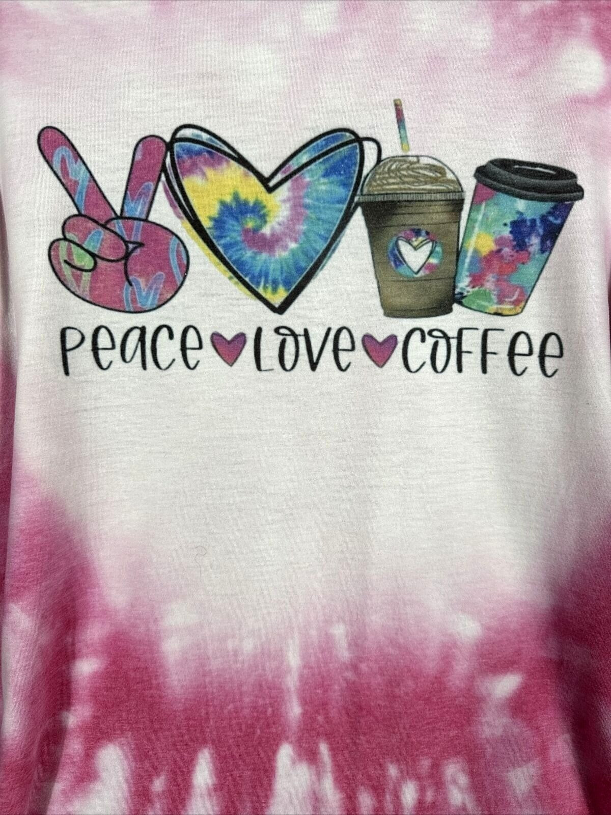 Gildan Women’s TShirt Peace Love And Coffee Shirt Pink Hippie Vibes Medium Top