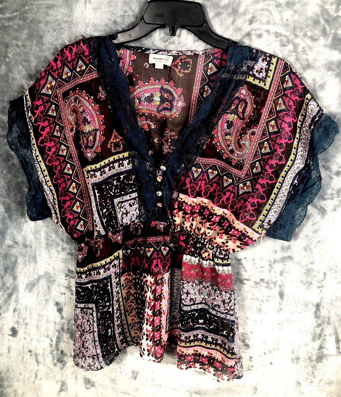 OneWorld Womens Blouse Boho Kimono Top With Lace Trim & Paisley Design