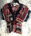 OneWorld Womens Blouse Boho Kimono Top With Lace Trim & Paisley Design
