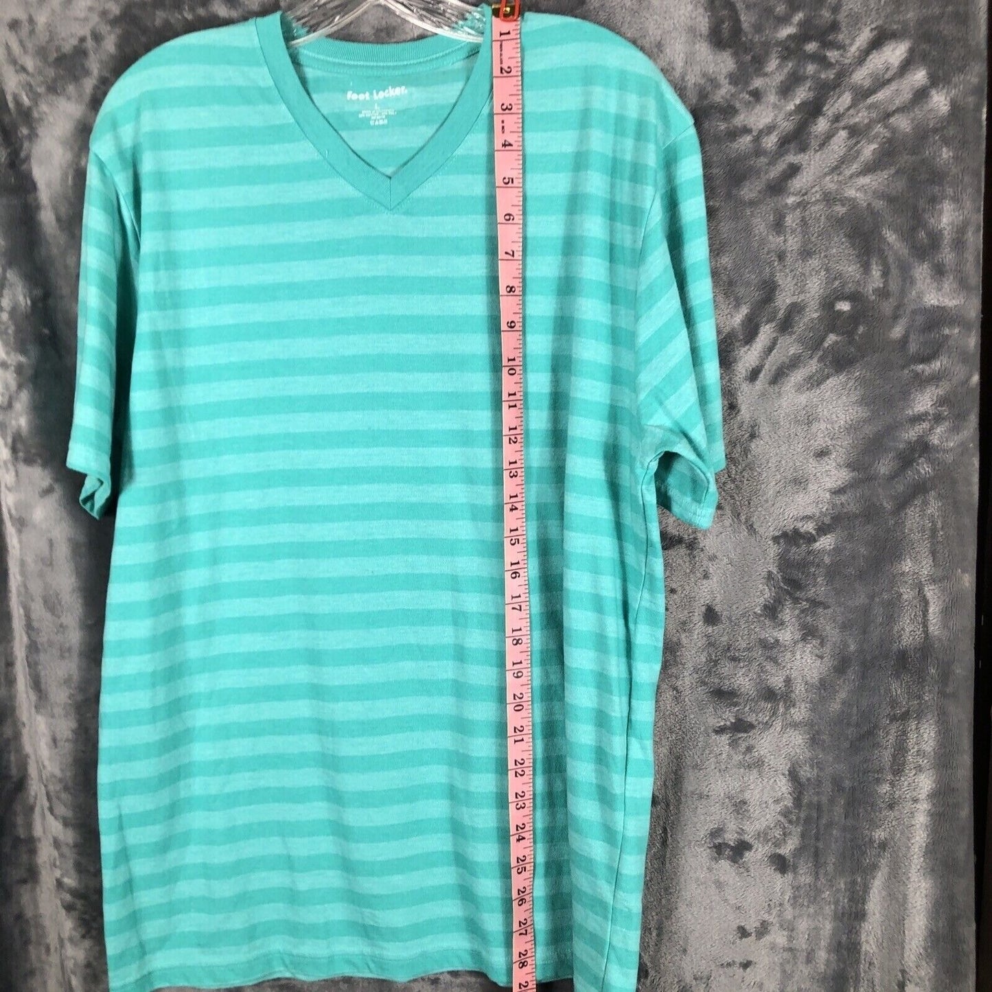 Foot Locker Mens Large Teal V-Neck Striped Short Sleeve Shirt 50% Cotton 50% Pol