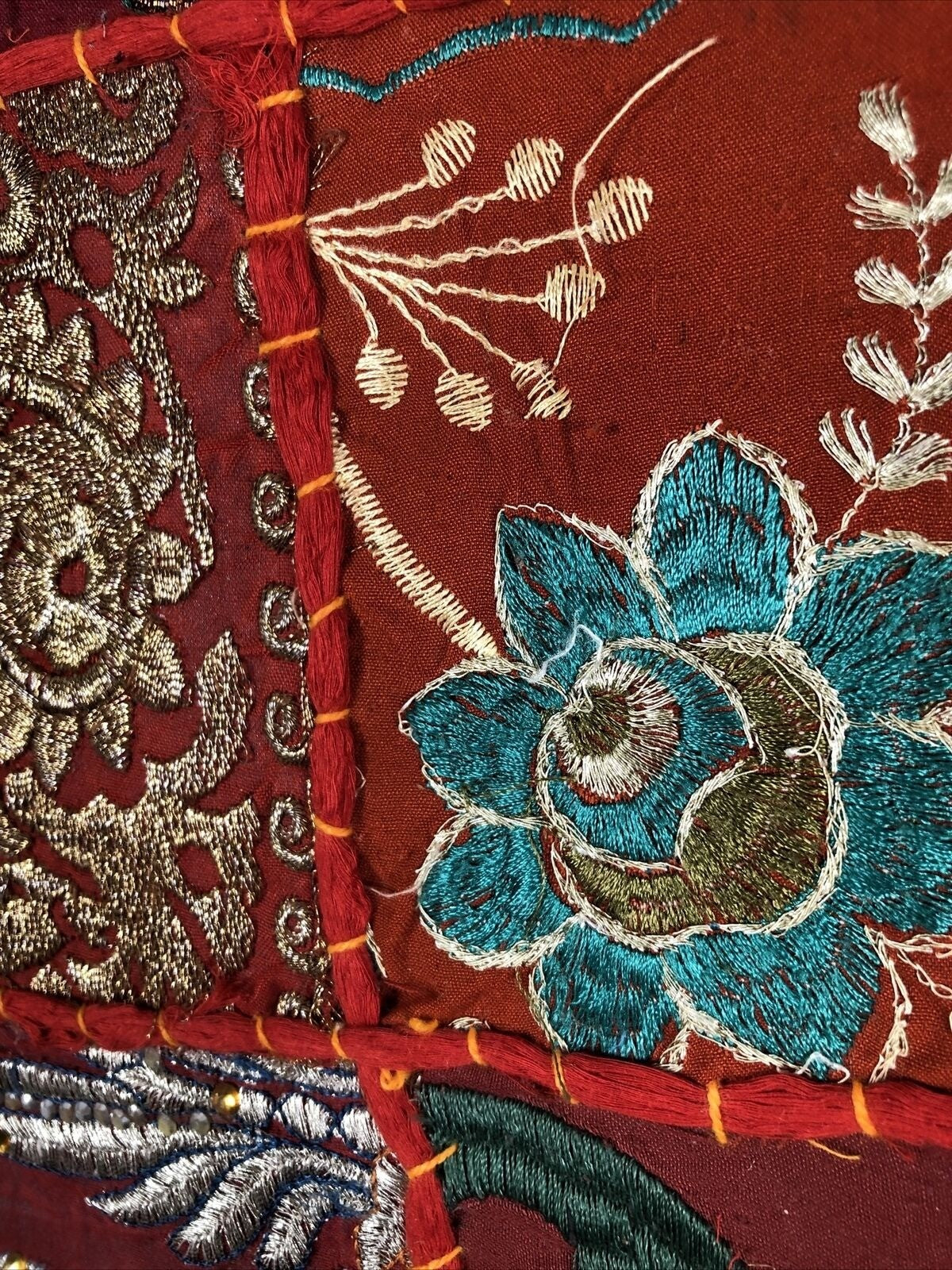 Handcrafted Embroidered Indian Patchwork Decorative Cushion Cover 16"x16" Red Mu