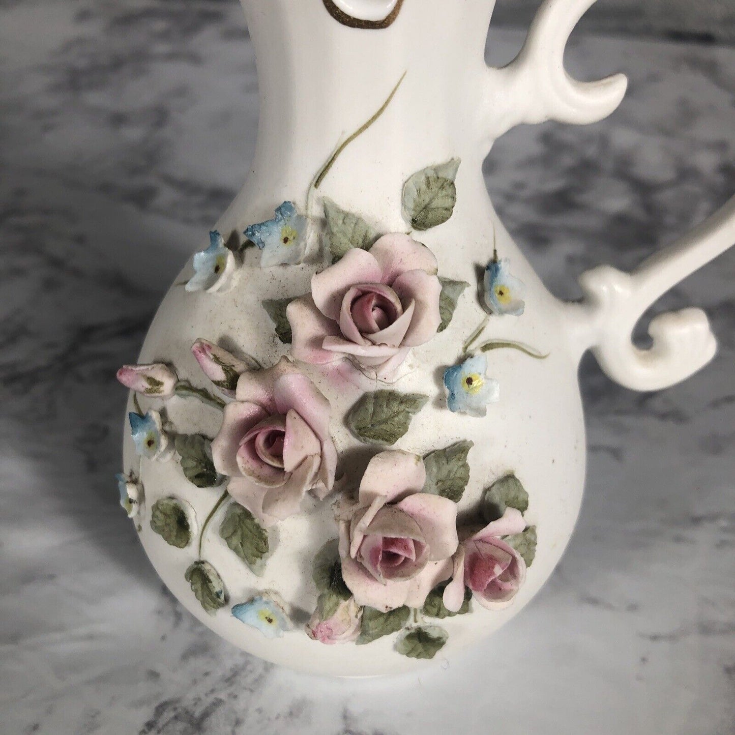 Lefton China 3D Rose Blue Flowers Pitcher 6"h Vase 4.25"h Vintage 