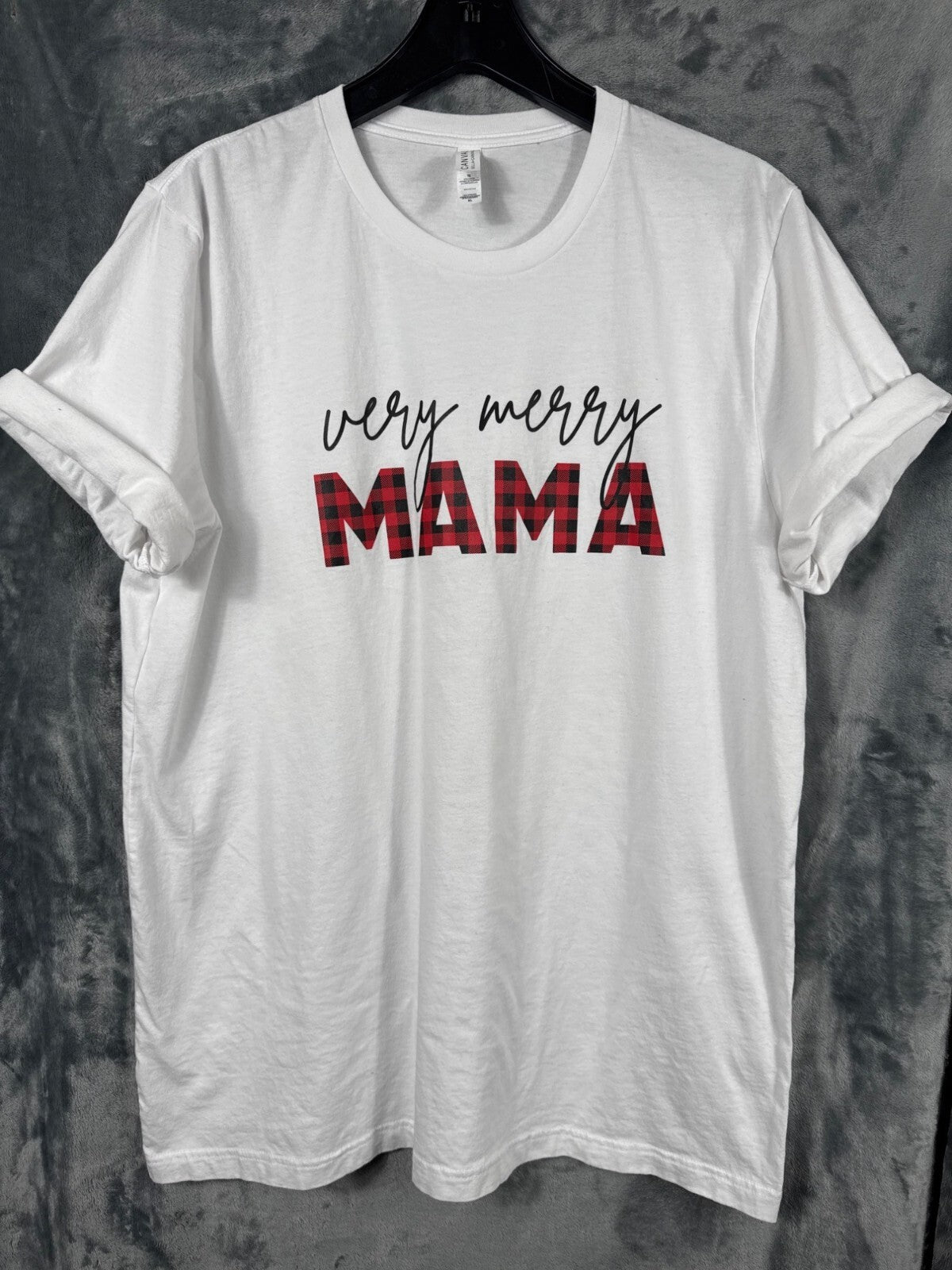 Very Merry Mama Graphic T-Shirt XL Bella+Canvas 100% Cotton White & Red Plaid
